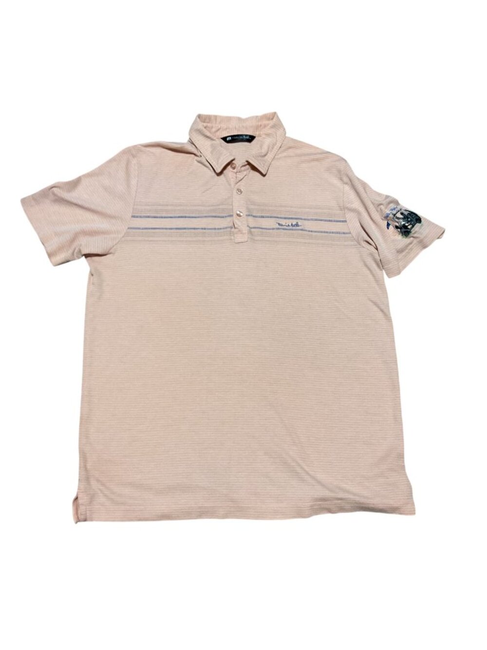 Travis Mathew Golf Polo Shirt L Coral Blue Stripes Short Sleeve Embroidered Mens